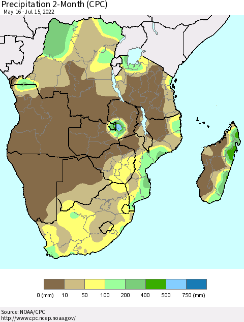 Southern Africa Precipitation 2-Month (CPC) Thematic Map For 5/16/2022 - 7/15/2022