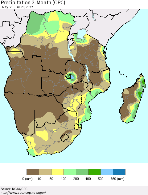 Southern Africa Precipitation 2-Month (CPC) Thematic Map For 5/21/2022 - 7/20/2022