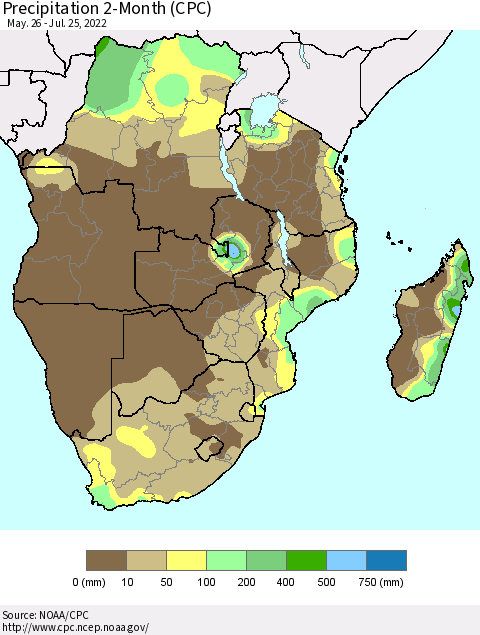 Southern Africa Precipitation 2-Month (CPC) Thematic Map For 5/26/2022 - 7/25/2022