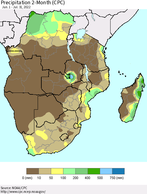 Southern Africa Precipitation 2-Month (CPC) Thematic Map For 6/1/2022 - 7/31/2022