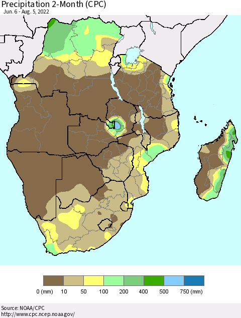 Southern Africa Precipitation 2-Month (CPC) Thematic Map For 6/6/2022 - 8/5/2022