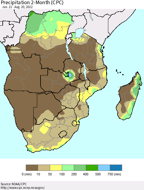 Southern Africa Precipitation 2-Month (CPC) Thematic Map For 6/21/2022 - 8/20/2022
