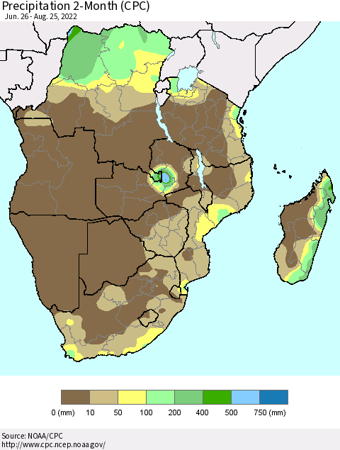 Southern Africa Precipitation 2-Month (CPC) Thematic Map For 6/26/2022 - 8/25/2022
