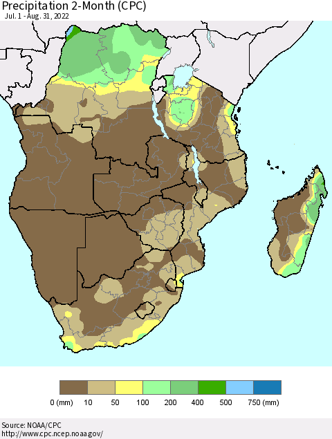 Southern Africa Precipitation 2-Month (CPC) Thematic Map For 7/1/2022 - 8/31/2022