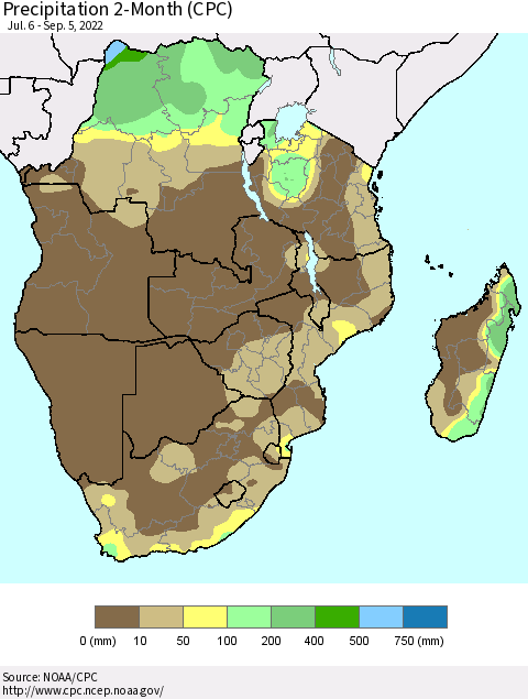 Southern Africa Precipitation 2-Month (CPC) Thematic Map For 7/6/2022 - 9/5/2022