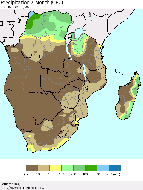 Southern Africa Precipitation 2-Month (CPC) Thematic Map For 7/16/2022 - 9/15/2022