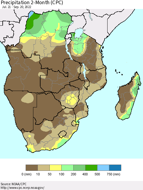 Southern Africa Precipitation 2-Month (CPC) Thematic Map For 7/21/2022 - 9/20/2022
