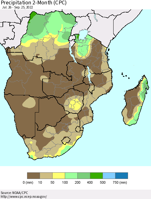 Southern Africa Precipitation 2-Month (CPC) Thematic Map For 7/26/2022 - 9/25/2022