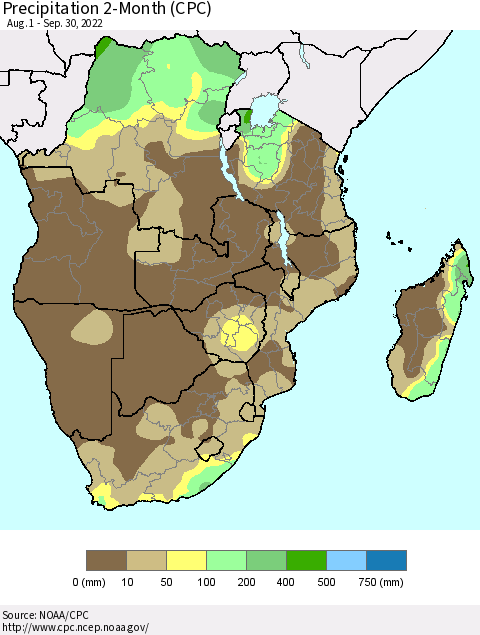 Southern Africa Precipitation 2-Month (CPC) Thematic Map For 8/1/2022 - 9/30/2022