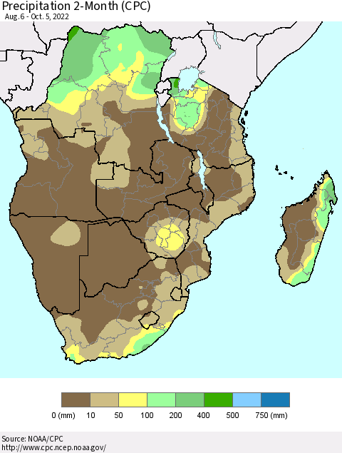 Southern Africa Precipitation 2-Month (CPC) Thematic Map For 8/6/2022 - 10/5/2022