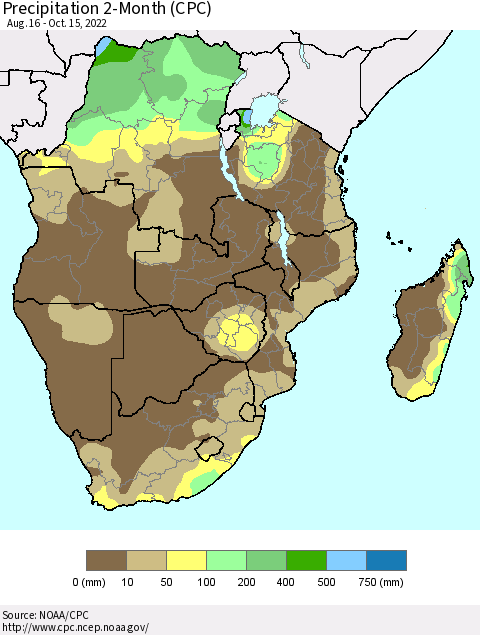 Southern Africa Precipitation 2-Month (CPC) Thematic Map For 8/16/2022 - 10/15/2022