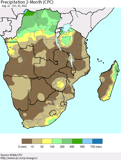 Southern Africa Precipitation 2-Month (CPC) Thematic Map For 8/21/2022 - 10/20/2022