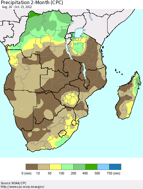 Southern Africa Precipitation 2-Month (CPC) Thematic Map For 8/26/2022 - 10/25/2022