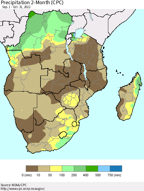Southern Africa Precipitation 2-Month (CPC) Thematic Map For 9/1/2022 - 10/31/2022