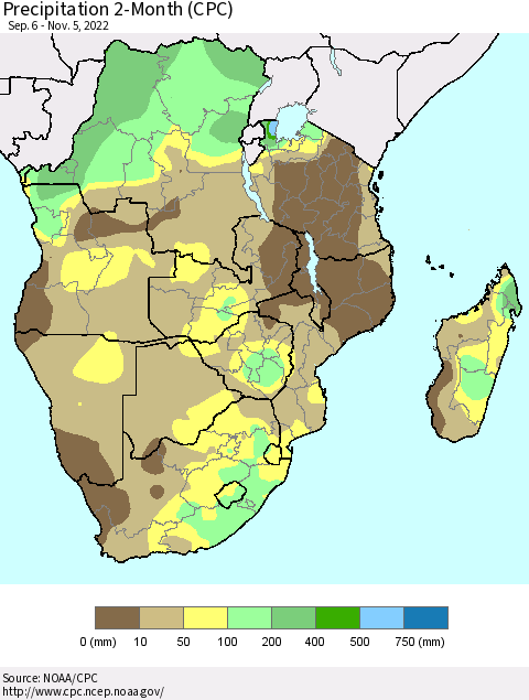 Southern Africa Precipitation 2-Month (CPC) Thematic Map For 9/6/2022 - 11/5/2022