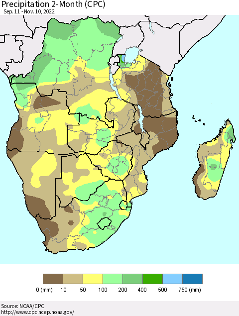 Southern Africa Precipitation 2-Month (CPC) Thematic Map For 9/11/2022 - 11/10/2022