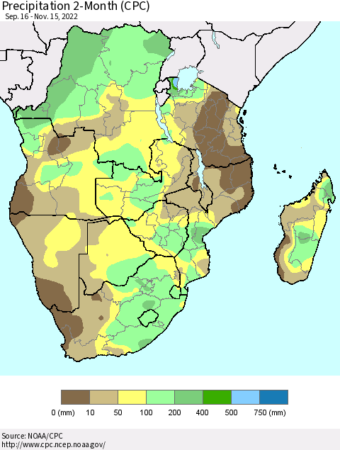 Southern Africa Precipitation 2-Month (CPC) Thematic Map For 9/16/2022 - 11/15/2022