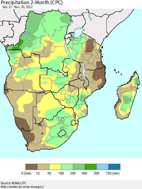 Southern Africa Precipitation 2-Month (CPC) Thematic Map For 9/21/2022 - 11/20/2022