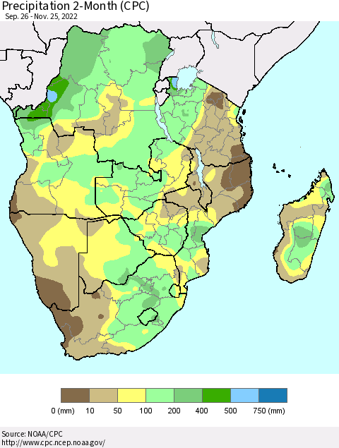 Southern Africa Precipitation 2-Month (CPC) Thematic Map For 9/26/2022 - 11/25/2022