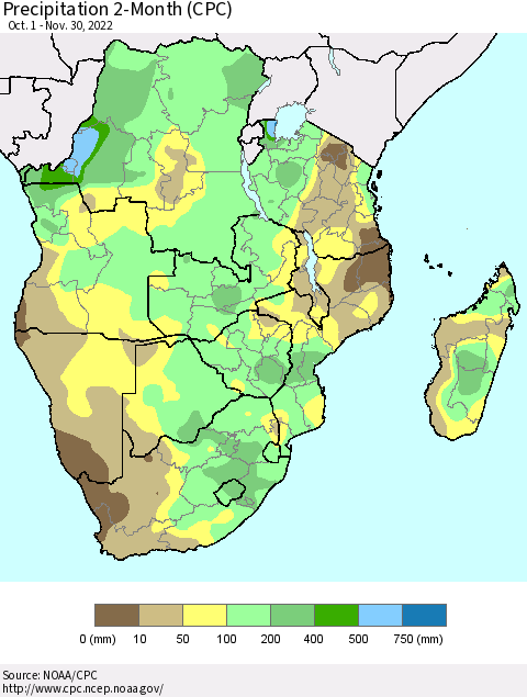 Southern Africa Precipitation 2-Month (CPC) Thematic Map For 10/1/2022 - 11/30/2022