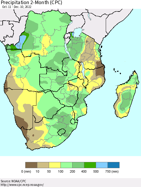 Southern Africa Precipitation 2-Month (CPC) Thematic Map For 10/11/2022 - 12/10/2022