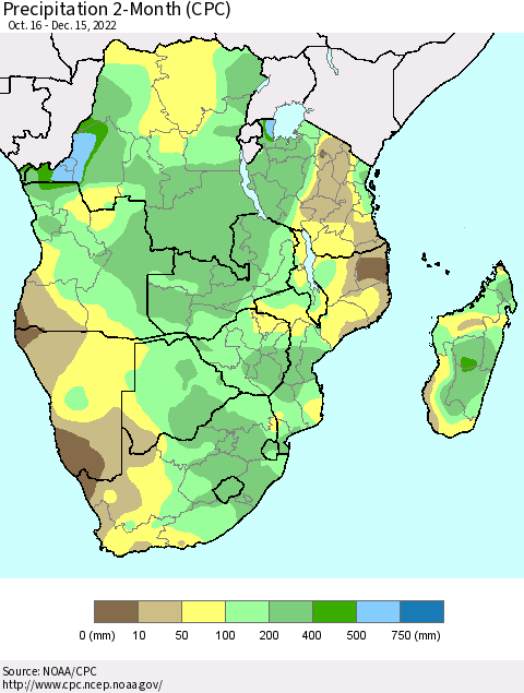 Southern Africa Precipitation 2-Month (CPC) Thematic Map For 10/16/2022 - 12/15/2022