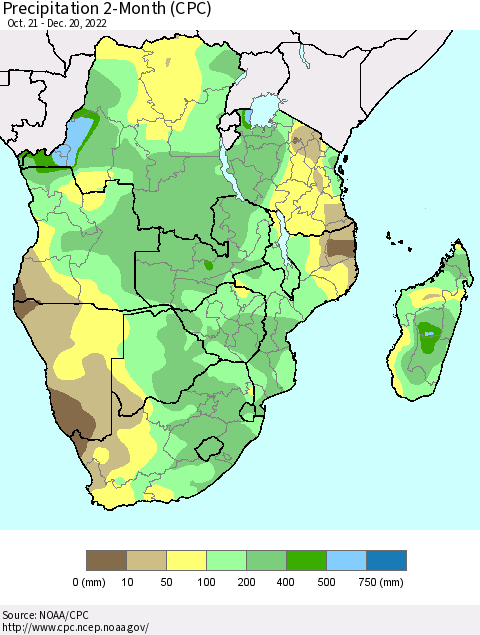 Southern Africa Precipitation 2-Month (CPC) Thematic Map For 10/21/2022 - 12/20/2022