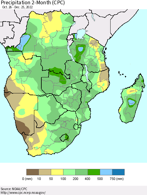Southern Africa Precipitation 2-Month (CPC) Thematic Map For 10/26/2022 - 12/25/2022