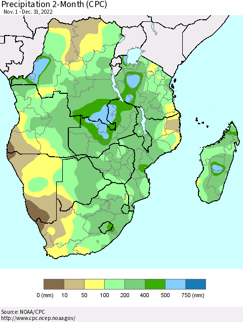 Southern Africa Precipitation 2-Month (CPC) Thematic Map For 11/1/2022 - 12/31/2022