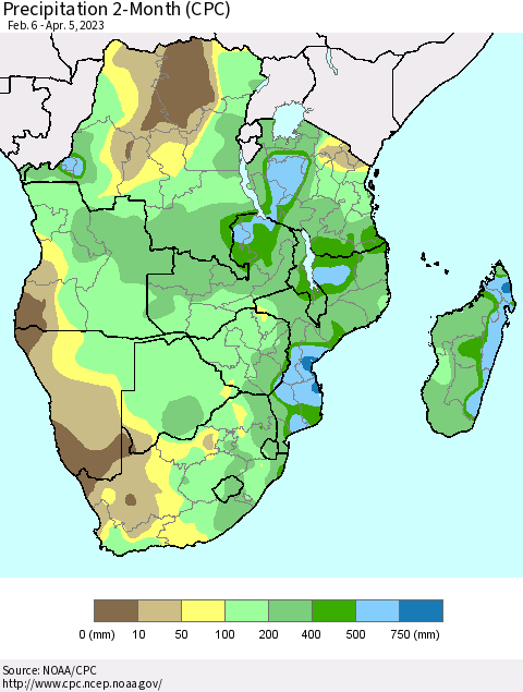 Southern Africa Precipitation 2-Month (CPC) Thematic Map For 2/6/2023 - 4/5/2023