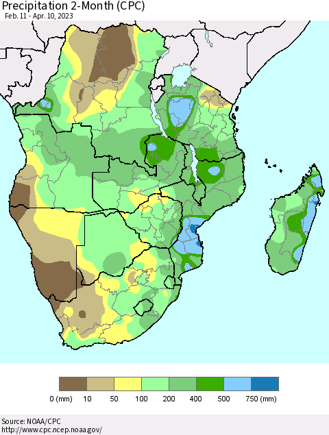 Southern Africa Precipitation 2-Month (CPC) Thematic Map For 2/11/2023 - 4/10/2023