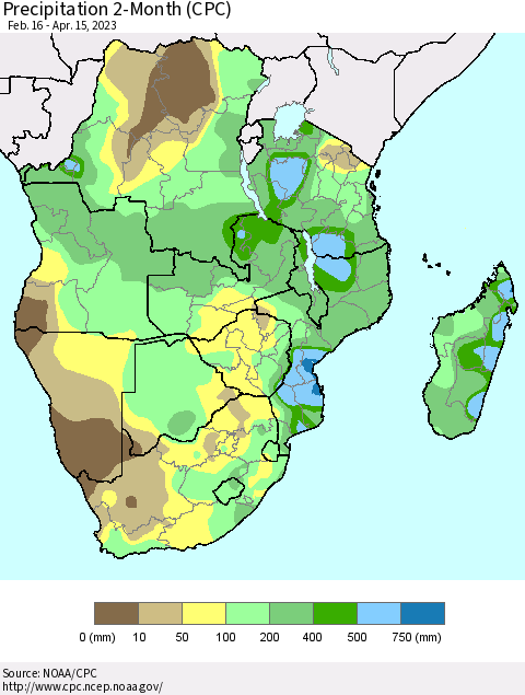 Southern Africa Precipitation 2-Month (CPC) Thematic Map For 2/16/2023 - 4/15/2023