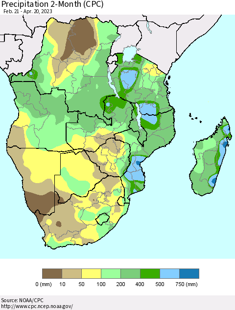 Southern Africa Precipitation 2-Month (CPC) Thematic Map For 2/21/2023 - 4/20/2023