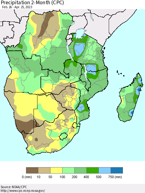 Southern Africa Precipitation 2-Month (CPC) Thematic Map For 2/26/2023 - 4/25/2023
