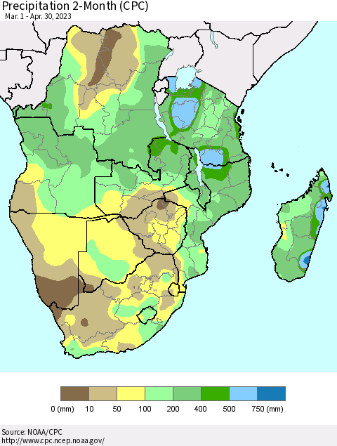 Southern Africa Precipitation 2-Month (CPC) Thematic Map For 3/1/2023 - 4/30/2023