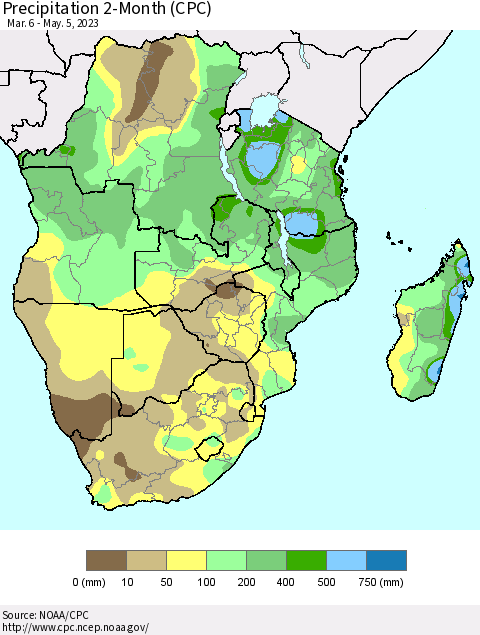 Southern Africa Precipitation 2-Month (CPC) Thematic Map For 3/6/2023 - 5/5/2023