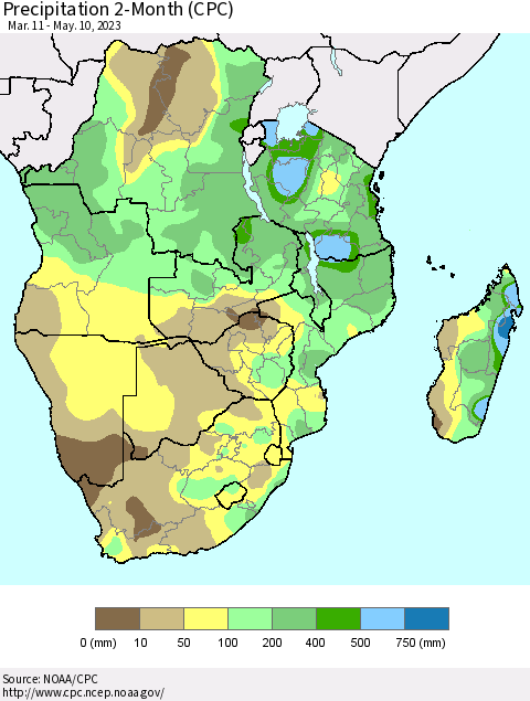 Southern Africa Precipitation 2-Month (CPC) Thematic Map For 3/11/2023 - 5/10/2023