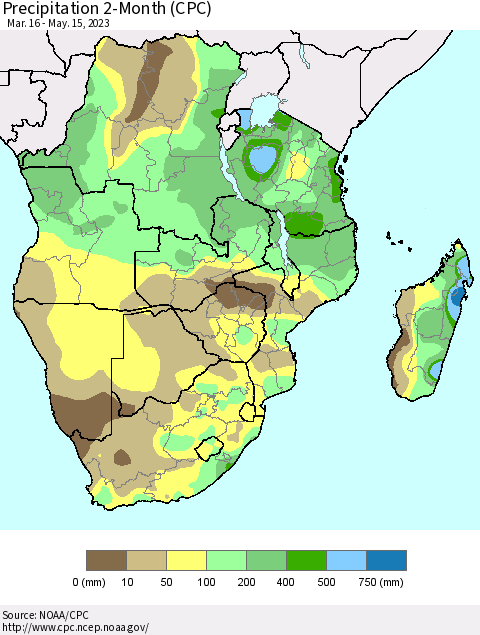 Southern Africa Precipitation 2-Month (CPC) Thematic Map For 3/16/2023 - 5/15/2023
