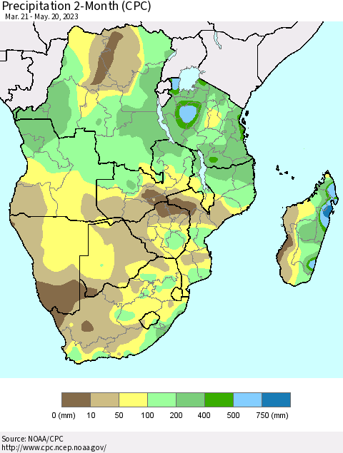 Southern Africa Precipitation 2-Month (CPC) Thematic Map For 3/21/2023 - 5/20/2023