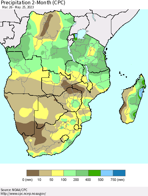 Southern Africa Precipitation 2-Month (CPC) Thematic Map For 3/26/2023 - 5/25/2023