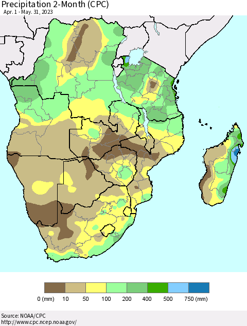 Southern Africa Precipitation 2-Month (CPC) Thematic Map For 4/1/2023 - 5/31/2023