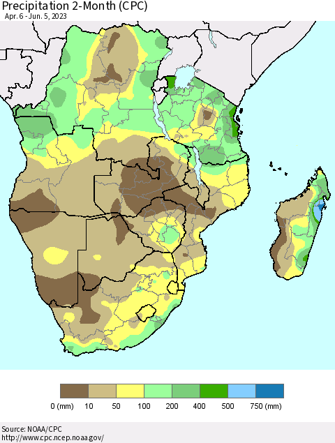 Southern Africa Precipitation 2-Month (CPC) Thematic Map For 4/6/2023 - 6/5/2023