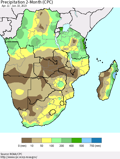 Southern Africa Precipitation 2-Month (CPC) Thematic Map For 4/11/2023 - 6/10/2023
