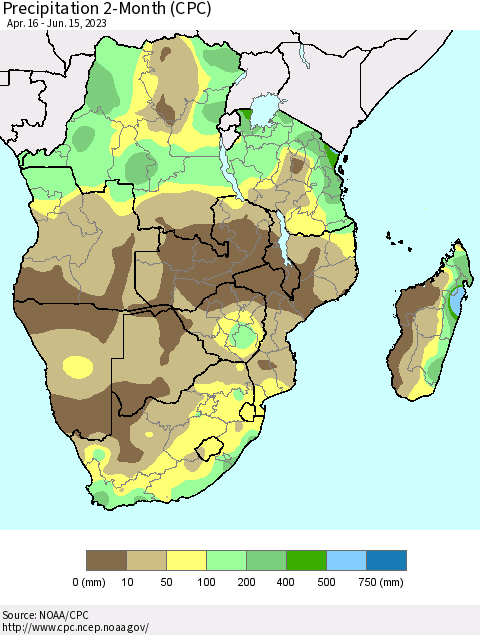 Southern Africa Precipitation 2-Month (CPC) Thematic Map For 4/16/2023 - 6/15/2023