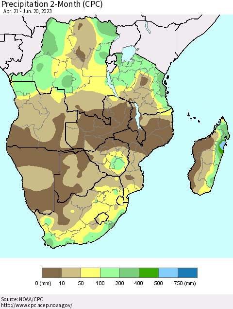 Southern Africa Precipitation 2-Month (CPC) Thematic Map For 4/21/2023 - 6/20/2023