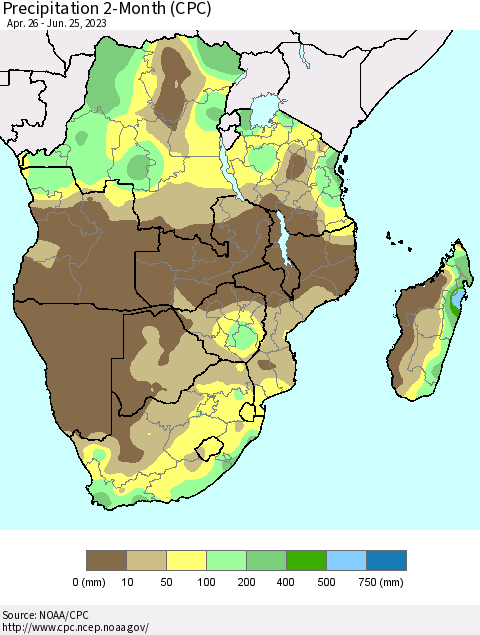 Southern Africa Precipitation 2-Month (CPC) Thematic Map For 4/26/2023 - 6/25/2023