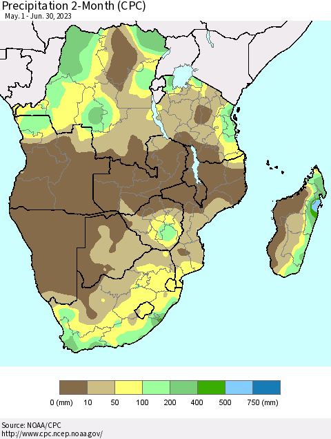 Southern Africa Precipitation 2-Month (CPC) Thematic Map For 5/1/2023 - 6/30/2023
