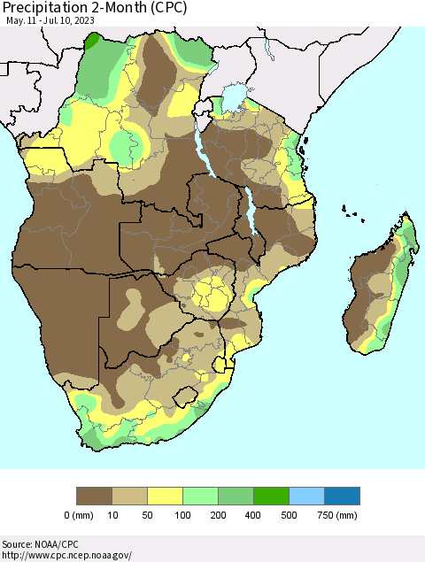 Southern Africa Precipitation 2-Month (CPC) Thematic Map For 5/11/2023 - 7/10/2023