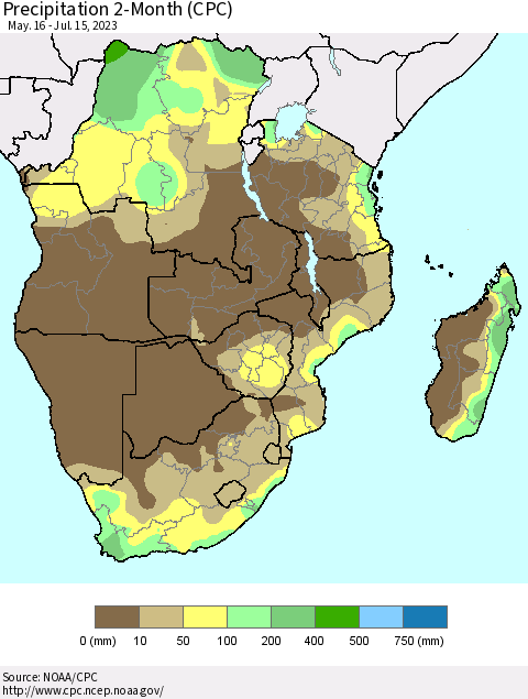 Southern Africa Precipitation 2-Month (CPC) Thematic Map For 5/16/2023 - 7/15/2023