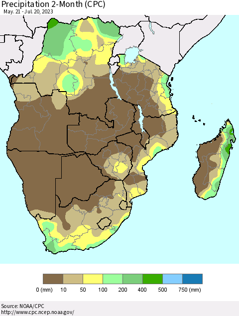 Southern Africa Precipitation 2-Month (CPC) Thematic Map For 5/21/2023 - 7/20/2023